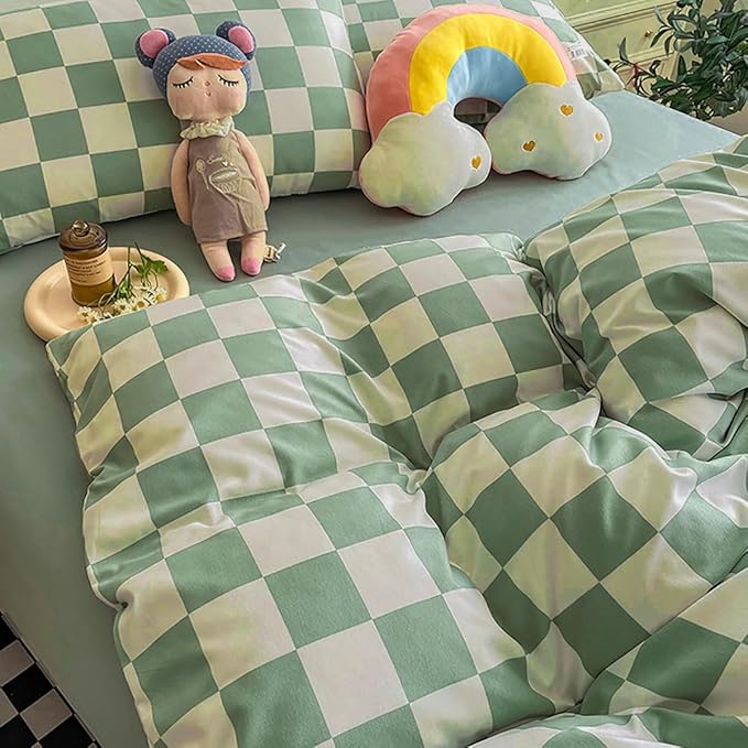 KAREVER Green White Grid Comforter Set Twin Sage Green Plaid Bedding Set Girls Light Green White Checkered Bed Set Breathable Blanket Set Kids Durable Bedding Comforter Set