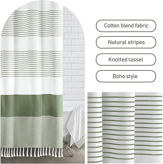 Awellife Sage Green Shower Curtain for Bathroom Stripe Tassel Shower Curtain 72 X 78 Inches Farmhouse Cotton Long