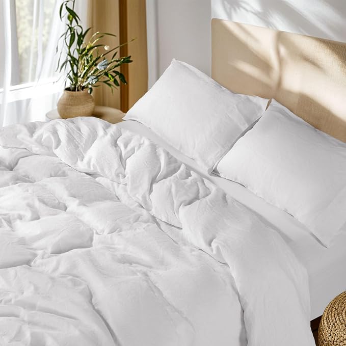 SONORO KATE 100% French Linen Duvet Cover Queen Size, Soft Breathable for Hot Sleepers, Moisture Wicking & Durable Cover Set - Zipper Closure & 4 Corner Ties Duvet Covers 3 Piece (White,Queen)