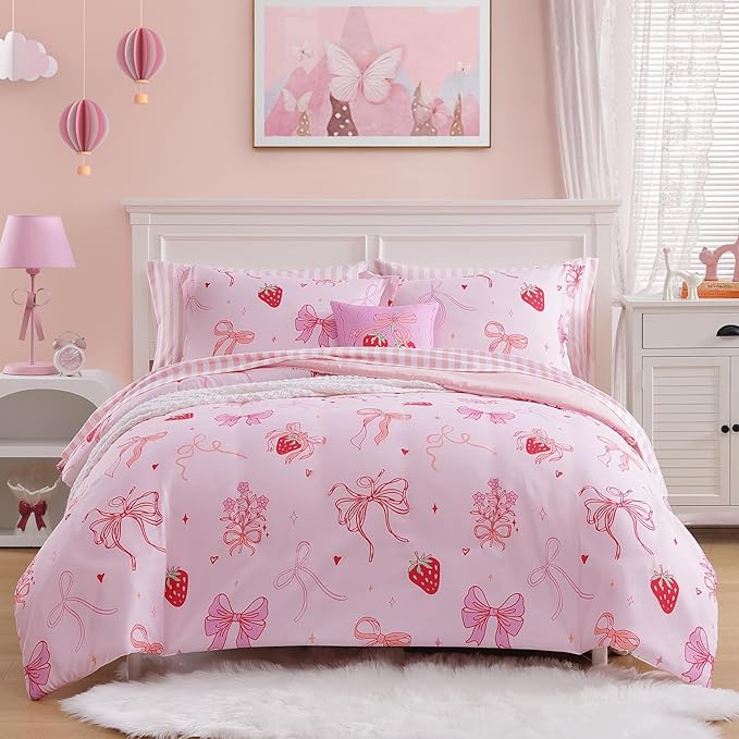 Full Size Comforter Set for Girls-7 Pieces Pink Bow Full Bedding Sets for Kids, Ultra Soft Bed in A Bag with Sheets