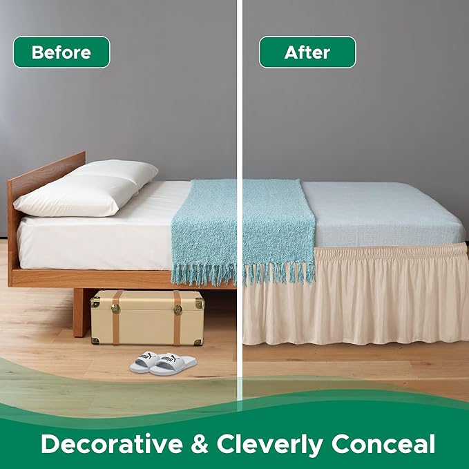 Biscaynebay Wrap Around Bed Skirts with Adjustable Belts for Queen Beds 15 Inch Drop, Sand Elastic Dust Ruffles Easy Fit Wrinkle & Fade Resistant Silky Luxurious Fabric Machine Washable
