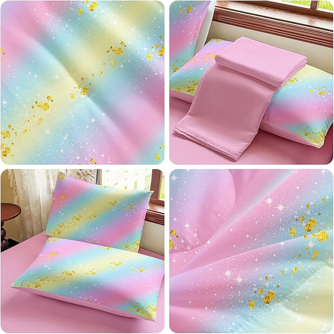 Girls Full Size Bedding Sets Rainbow Bedding – 5 Piece Comforter Set Full, Gradient and Colorful Galaxy Comforter for All-Season – Machine Washable, Durable – Gift Idea for Boys and Girls Room