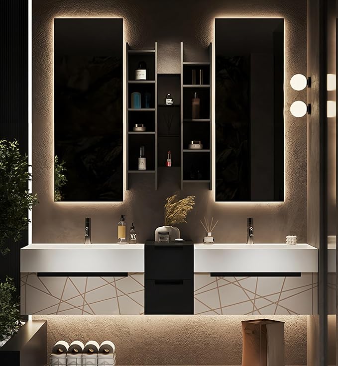 Double Bathroom Vanity with Sink, Floating Modern Bathroom Vanity Set Includes LED Smart Defogging Mirror and Open Storage Wall Cabinet, Solid Wood Bathroom Cabinet with Large Drawer (Apricot, 96")