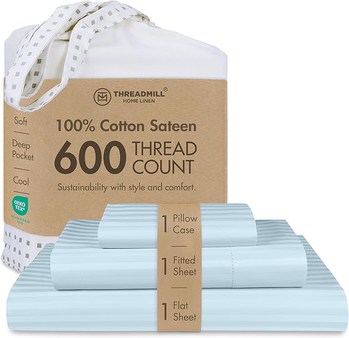 Threadmill 100% Cotton Sheets for Twin Size Bed - 600 Thread Count Twin Bed Sheets Set with 15” Deep Pocket - Damask Stripe Sateen Weave 3-Piece Bedding Set with Cooling Effect, Blue