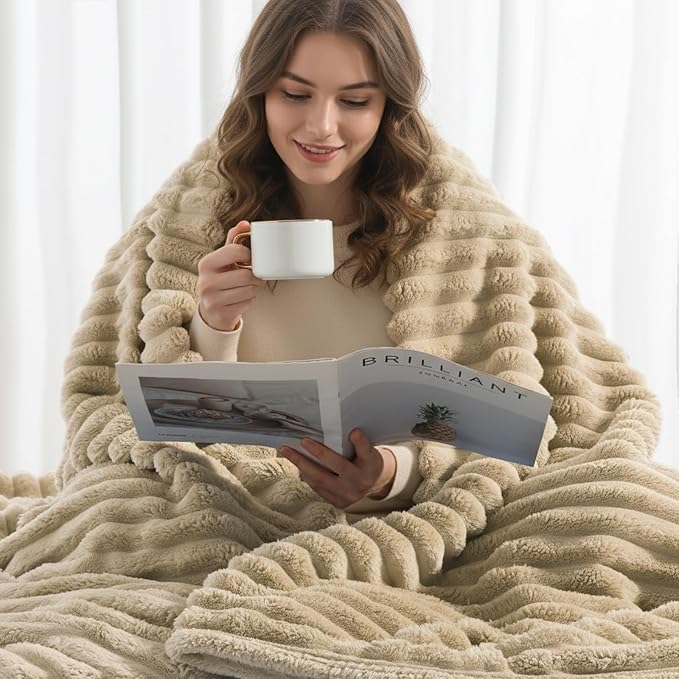 decorUhome Christmas Soft Fleece Light Brown Throw Blanket for Couch, Cozy Fluffy Plush Flannel Striped Blanket for Sofa Bed, Lightweight Decorative Ribbed Fuzzy Blanket for Woman, 50x60 Inches