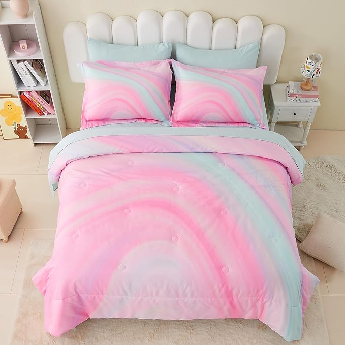 Wajade Girls Pink Comforter Set Bed in A Bag Queen Size 7 Piece 3D Colorful Tie Dye Pink Rainbow Bedding Set for Teens Girls (1 Comforter, 1 Flat Sheet, 1 Fitted Sheet, 2 Pillowcase and 2 Pillow Sham)