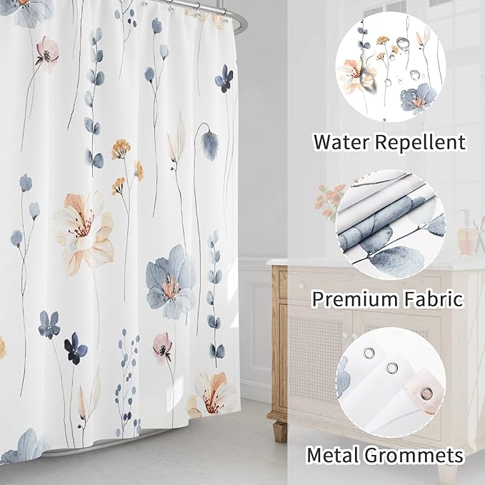 Gibelle Extra Long Shower Curtain 72 x 84, Watercolor Floral Fabric Shower Curtain, Blue Beige Flower Decorative Bathroom Shower Curtain Set with Hooks
