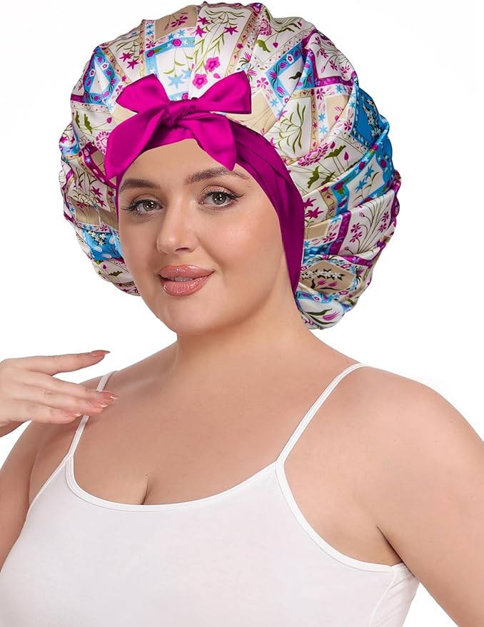 Pleated Silk Sleeping Bonnet with Eye Mask Double Layer Satin Hair Bonnets Sleep Cap for Curly Natural Hair