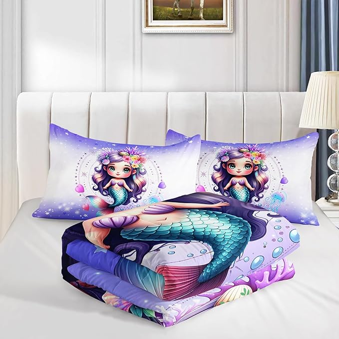 Cute Mermaid Pattern Queen Comforter Set,Star Jellyfish Ocean Themed Bedding Sets for Kids Toddlers Girls Boys Room Decor,Princess Bedding with 2 Pillowcases.
