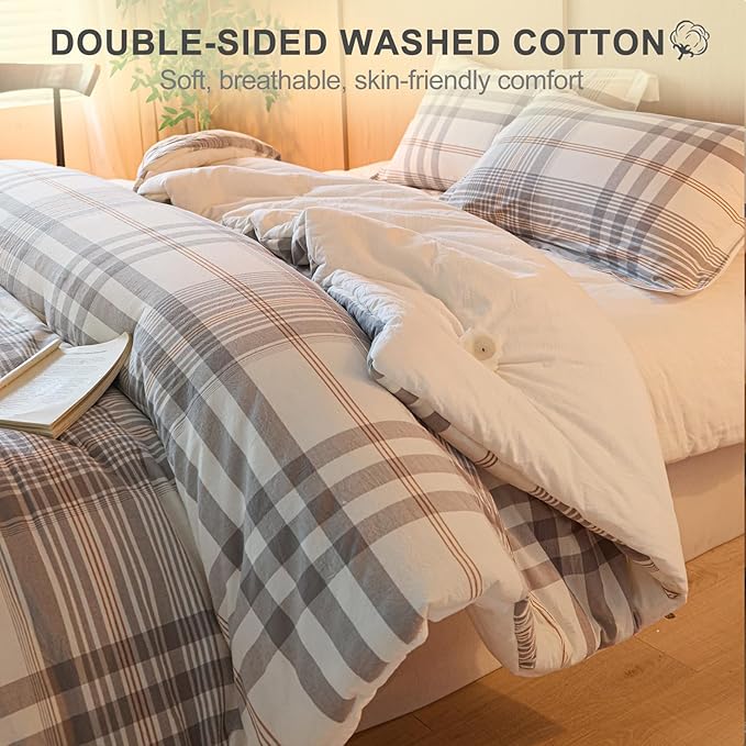 100% Cotton Comforter Set Twin Size – Reversible Yarn-Dyed Checkered Design, Soft Washed Cotton on Both Sides, Lightweight All-Season Bedding, Machine Washable(Grey White Plaid, 68”x90”)