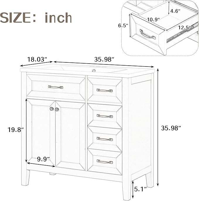 Favfurish 36" Bathroom Vanity with Sink Combo,Bathroom Vanity Cabinet with Two Soft-Closing Doors and Four Drawers,Free Stading Vanities w/Modern Design,for Bathroom,Easy Assembly,Grey