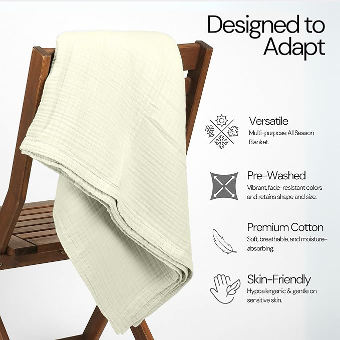 Salt Earth 100% Cotton Muslin Blanket, Gauze Blanket 80"X90" Queen, 4 Layered for Couch, Bed, Living Room, Lightweight & All Seasons Blankets & Throws, Easy to wash,Nature & Skin Friendly (Sea Foam)