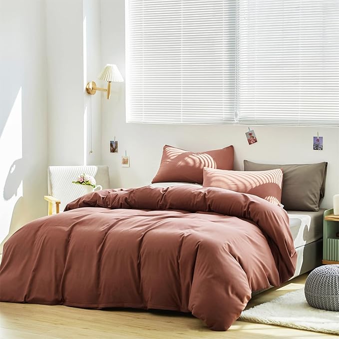 Cottonight Brick Red Comforter Set California King Marroon Bedding Comforter Set Solid Modern Cotton Blackish Red Blanket Quilts Soft Simple 3 Piece Cal King Comforter Set for Women Men