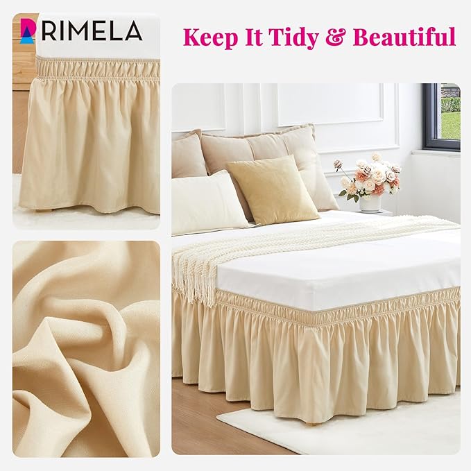 RIMELA Oatmeal Bed Skirt Queen Size 18 Inch Drop, Elastic Bed Skirting for Bed Base and Frame, Bedding Dust Ruffle Easy to Install, Lightweight Wrap Around Adjustable Bedskirt