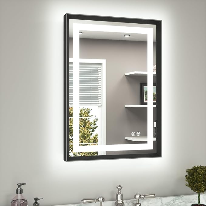 TETOTE 20 x 28 Bathroom LED Mirror Brushed Black Metal Frame Frontlit & Backlit Vanity Mirror Anti-Fog Stepless Dimmable 3 Colors White/Warm/Natural Wall-Mounted