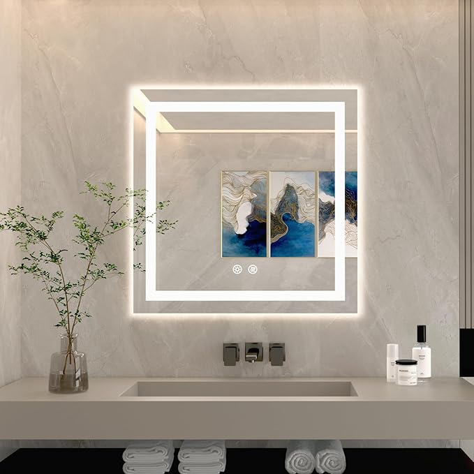36 X 36 Inch Square LED Bathroom Vanity Mirror, 3 Colors Light Dimmable, Wall Mounted Memory Lighted Makeup Mirror with Anti-Fog Touch Switch (Front-lit&Backlit)