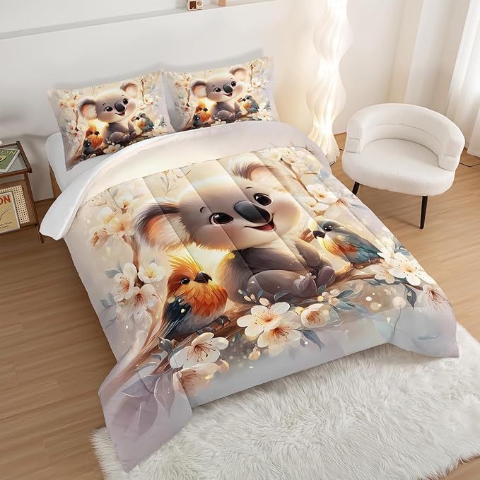 Kawaii Koala Bedding Set,Cartoon Koala Parrot Floral Pattern King Size Bed Set for Kids Girls Boys Room Decor,Cute Beddings with 2 Pillowcases.