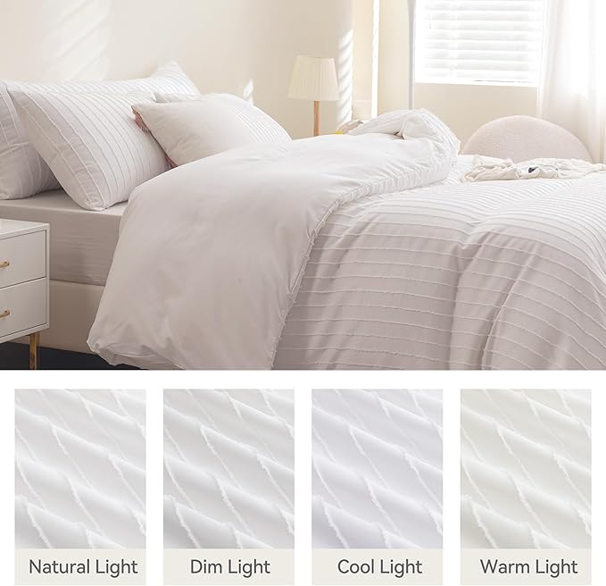 JELLYMONI Bright White Duvet Cover Full Size - 3PCS Microfiber Tufted Duvet Cover Set, Boho Striped Tufted Textured Duvet Cover with Corner Ties & Zipper Closure