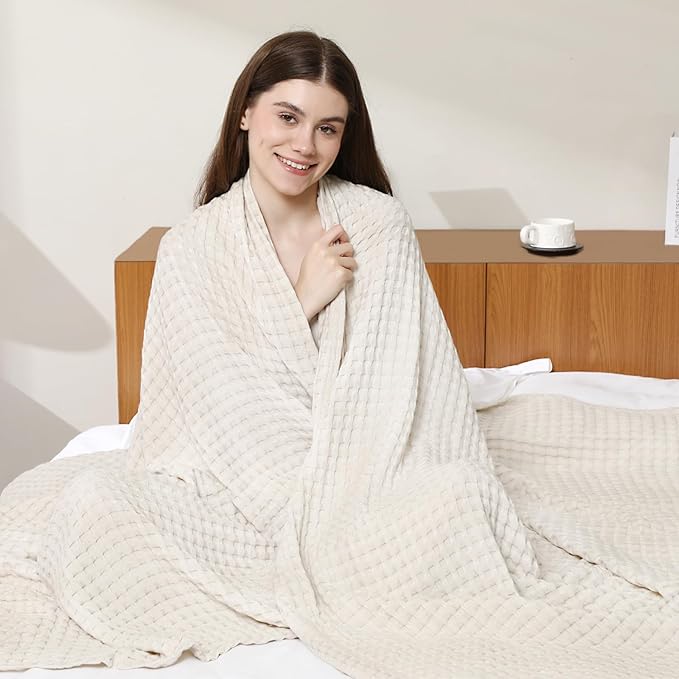 Aganear Waffle Blanket - Lightweight Breathable Summer Blanket of 50% Cotton and 50% Rayon Derived from Bamboo for Hot Sleepers Luxury Throws for Bed, Couch and Sofa,Beige,104x90 Inches