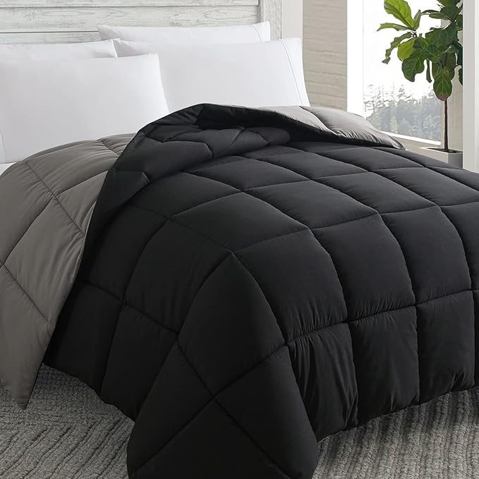 Cosybay Down Alternative Comforter (Black/Grey, Cal-King) - All Season Soft Quilted California King Size Bed Comforter - Duvet Insert with Corner Tabs -Winter Summer Warm Fluffy, 104x96 inches