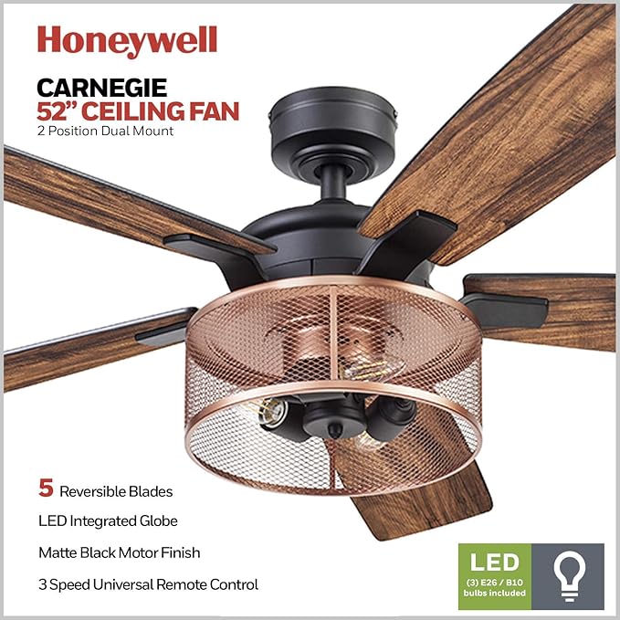 Honeywell Ceiling Fans Carnegie Industrial 52 Inch Ceiling Fan with Light, Remote Control Fan, LED Indoor Fan with 5 Blades, Black Oak and Brown Mopane Blade Finish Options, Copper (51459-01)