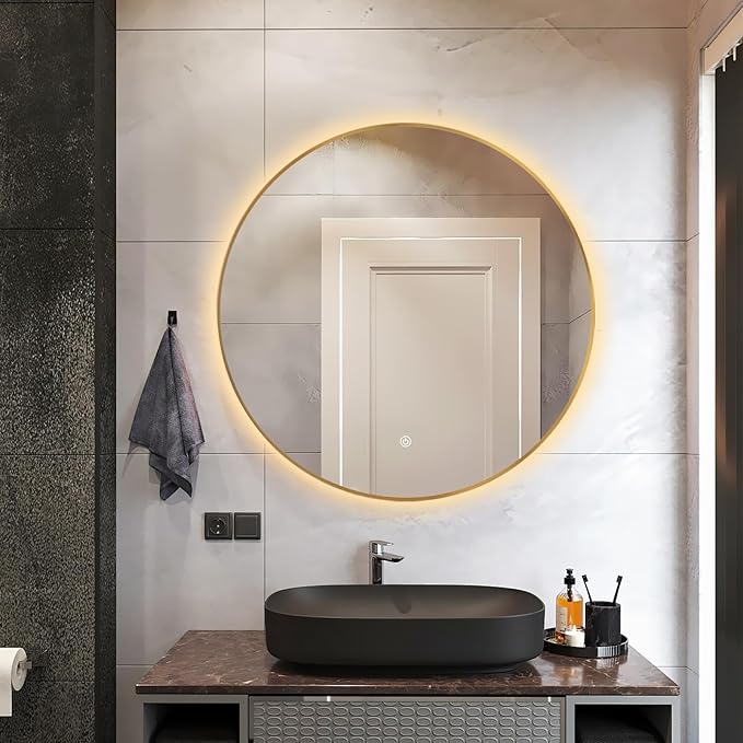 Niccy 30" LED Backlit Round Mirror for Bathroom, Gold Framed Vanity Light Wall Mirror LED Smart Circle Mirrors with 3 Lighting Colors, Dimmable Lighted Mirror with Anti-Fog, IP65 Waterproof