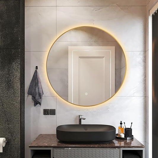 Niccy 30" LED Backlit Round Mirror for Bathroom, Gold Framed Vanity Light Wall Mirror LED Smart Circle Mirrors with 3 Lighting Colors, Dimmable Lighted Mirror with Anti-Fog, IP65 Waterproof