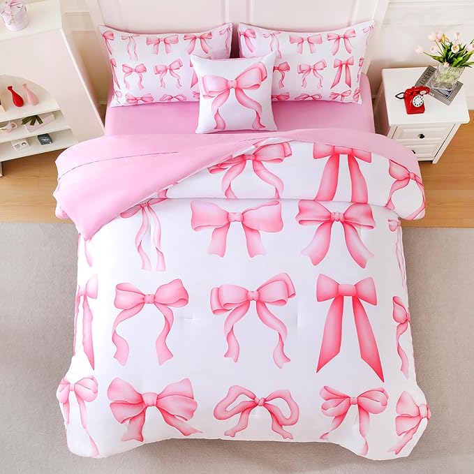 6 Pieces Twin Comforter Sets with Sheets Pink Bed in a Bag for Girls,Bow Comforter Set,Bow Twin Bedding Sets for Kids