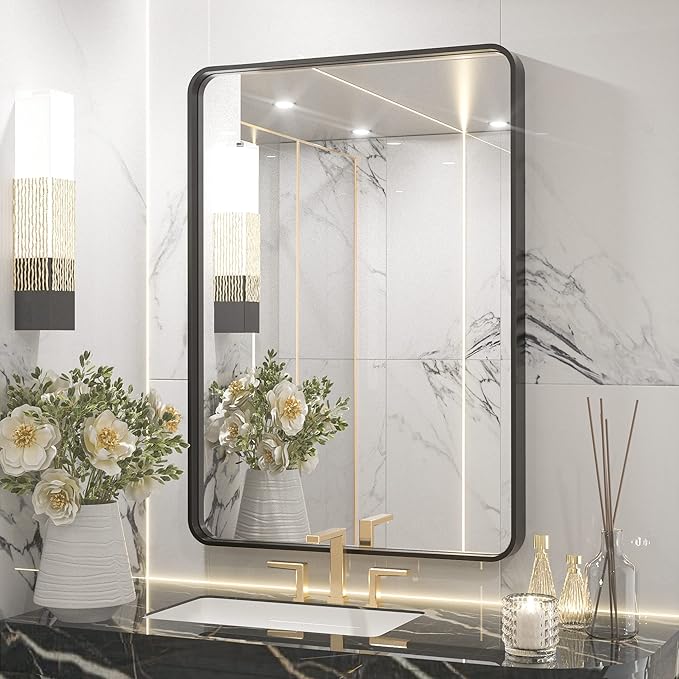 TETOTE Black Framed Mirrors for Bathroom, 2 Inch Thick Frame 22 x 30 Inch Brushed Metal Frame Wall Mounted Rectangle Mirror for Vanity(Horizontal/Vertical)