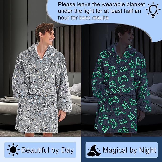 Glow in The Dark Game Controller Wearable Blanket Hoodie for Adult,Oversized Sherpa Fleece Blanket Hoodie for Women Men,Gamer