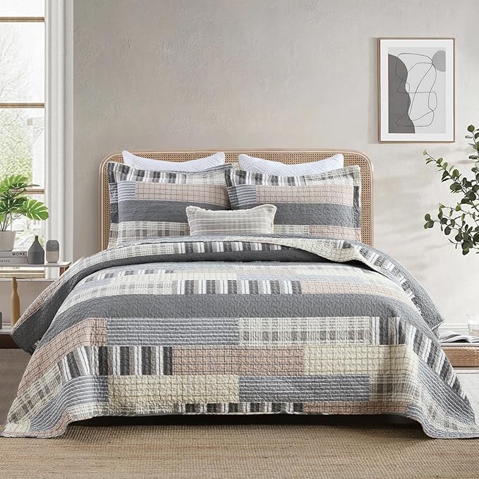 Uniclinens Quilt Set King Size, 100% Cotton Quilted Quilts Bedding Set Bedspreads, Farmhouse Patchwork Plaid Quilted Comforter Set, 3 Pieces Set with 2 Pillowshams, Cream/Grey/Brown