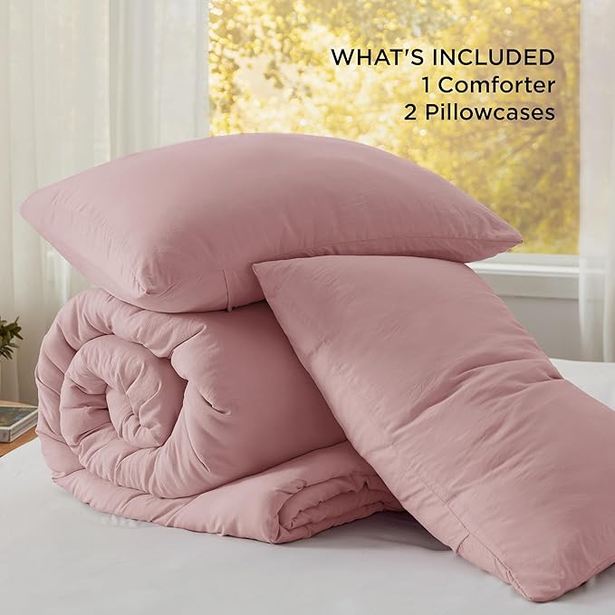 Bedsure California King Size Comforter Set, Pink Soft Prewashed Bedding for All Seasons, 3 Pieces GentleSoft™ Down Alternative Bed Set, 1 Lightweight Comforter (104"x96") and 2 Pillowcases (20"x36")