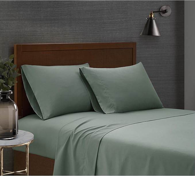 London Fog Garment Washed Solid Sheet Set Green Microfiber 4-Piece Queen Sheet Set, Solid Themed, Deep Pocket, Adult and Teen, Oeko-TEX Certified