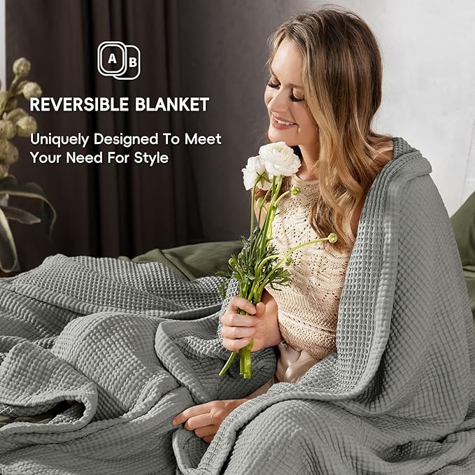 PHF 100% Cotton Waffle & Muslin Throw Blanket Large, Soft Breathable Luxury 400GSM Versatile Reversible Bedding for Couch, Great for Layering in Cold Weather, Home Decor Gift, 50" x 70", Frosted Grey