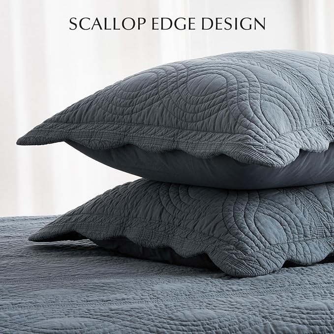 EVERGRACEHOME 100% Cotton Scallop Quilt Set, King Size 3 Piece Set – Lightweight Bedspread with 2 Shams, Soft Prewashed Matelasse Coverlet for Cozy and Elegant Bedding, Stormy Blue