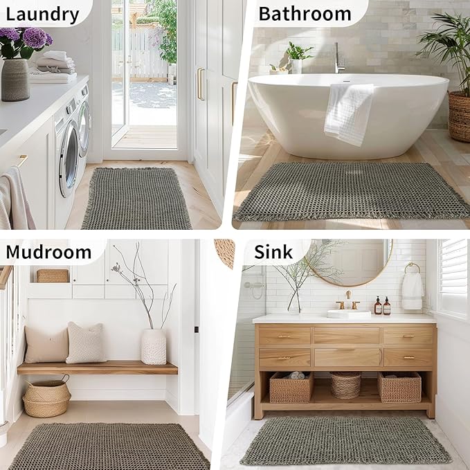 Waffle Bath Mat - Boho Bathroom Rugs Non Slip Washable, Super Absorbent & Quick Dry, Soft Bath Mat Farmhouse Bathroom Decor, 24'' x 36'', Olive Green