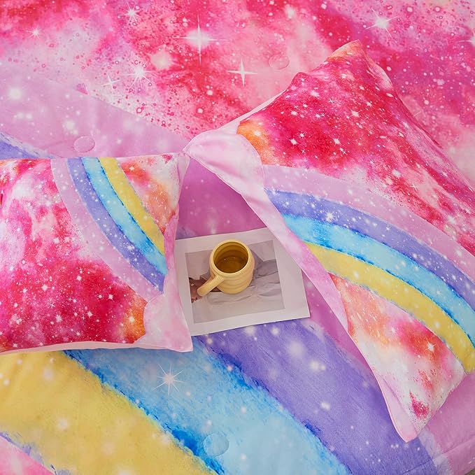 ANGIYUIN 6 Pieces Pink Tie Dye Full Size Bedding Sets for Girls/Teens/Kids, Colorful Rainbow Girls Comforter Set, Sparkle Galaxy Glitter Bedding Comforter Set for All Season