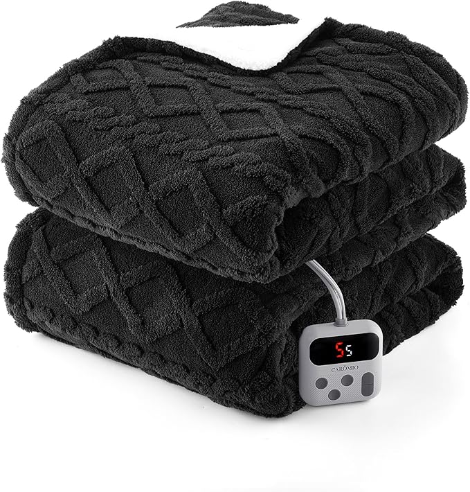 CAROMIO Electric Blanket Twin Size - Thick Tufted Sherpa Heated Blanket Twin with 10 Heating Levels and 10 Time Settings, ETL Certified Machine Washable Fast Heating Blanket Twin 62"×84", Black