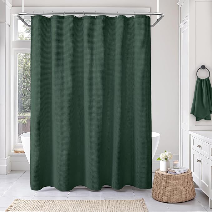 Waffle Weave Shower Curtain - Dark Green Cotton Fabric Texture Heavyweight Shower Curtain for Bathroom,Washable,72Wx75L