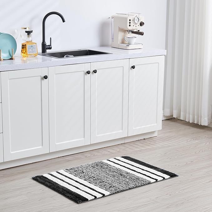 CozeCube Bath mats for Bathroom Non Slip, Fluffy Absorbent Microfiber Bath mat Washable, Aesthetic Bathroom Rugs, Small Jet Black Striped Bath mat, Jet Black, 24" x 16"