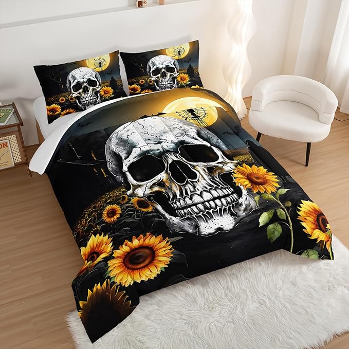 Skull Comforter Set for Gothic Decor Bedroom,Sunflower Floral Bat Print Bedding Full Size Comforter Set for Kids Boys Girls,Dark Night Halloween Horror Bedding Set with 2 Pillowcases.