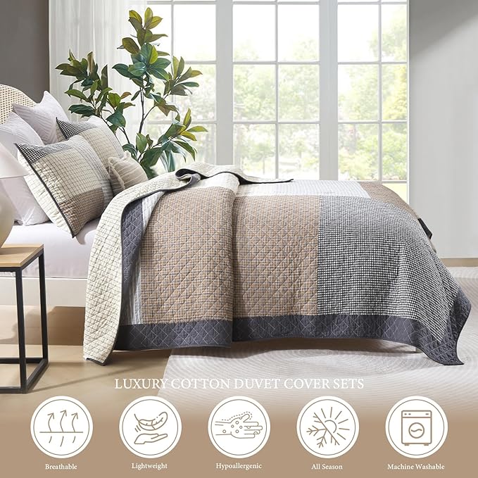Uniclinens Quilt Set King Size, 100% Cotton Quilted Quilt Bedding Set Bedspread, Real Patchwork Plaid Quilt, Lightweight Quilted Comforter Set, 3 Pieces Set with 2 Pillowshams, Brown/Beige/Gray