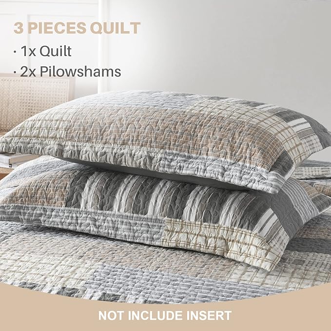 Y-PLWOMEN Quilt King Size - 100% Cotton Brown Grey King Quilt Farmhouse Plaid Quilted Bedspread, 3 Pieces Lightweight Reversible King Size Quilt Bedding Set for All Season