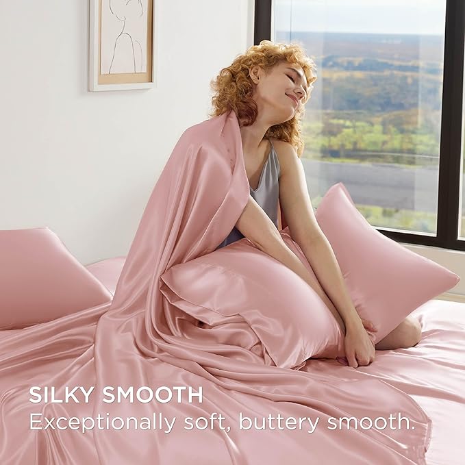 Bedsure Satin Sheets Queen Size - 4 Piece Silky Bedsheets with 15 Inches Deep Pocket Fitted Bedsheet,1 Flat Sheet, 2 Satin Pillowcases, Good for Hair & Skin (Queen, Blush Pink)