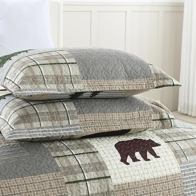 Uniclinens Quilt Set King Size, 100% Cotton Quilted Quilt Bedding Set Bedspread, Bear Tree Elk Farmhouse Rustic Quilt, Patchwork Plaid Comforter Set, 3 Pieces Set with 2 Pillowshams, Brown/Grey/Green