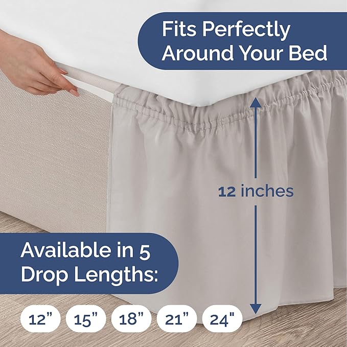 Wrap Around Dust Ruffle Bed Skirt - Light Grey - Twin/Twin XL Size Beds with 12 Inch Drop - Elastic Strap - Adjustable Pleated Bedskirt with Brushed Fabric and Wrinkle Free - Women, Men, Kids & Teens
