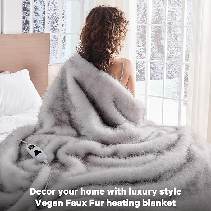 Faux Fur Heated Electric Blanket Throw, 50"X60" Heating Blanket Gifts for Women Mom Winter Warming Warm Luxury Super Cozy Fuzzy Heavy Plush Fluffy Decor, 10 Heat Levels 8H Auto Off,White