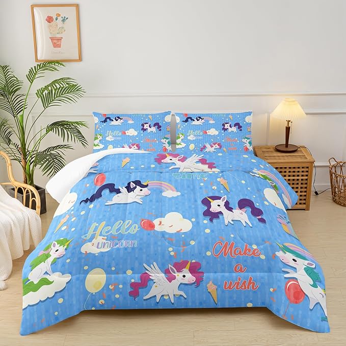 Unicorn Comforter Set Queen Size,Rainbow Kids Comforter Set,3Pcs Bedding Set Printed Comforter with 2 Pillowcases,Down Alternative,Soft and Lightweight,for All Seasons