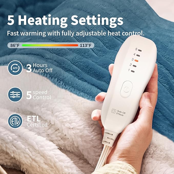 Heated Blanket Electric Throw 50”X60”-Heating Blanket with 5 Heat Settings-3 Hours Auto Off,ETL Certified,Machine Washable (Blue)
