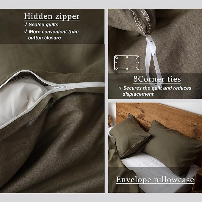 XZ XIFA Olive Green Linen Duvet Cover Full, 100% Washed French Flax Linen Bedding Set with Zipper Closure, Cooling & Textured Bed Sets for Hot Sleepers(1 Duvet Cover, 2 Pillowcases)